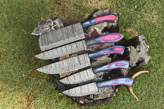Handmade Hand-Forged Chef Knife Set – Twist Damascus Steel with Hardwood Handles, Lot of 5 EDC Knives