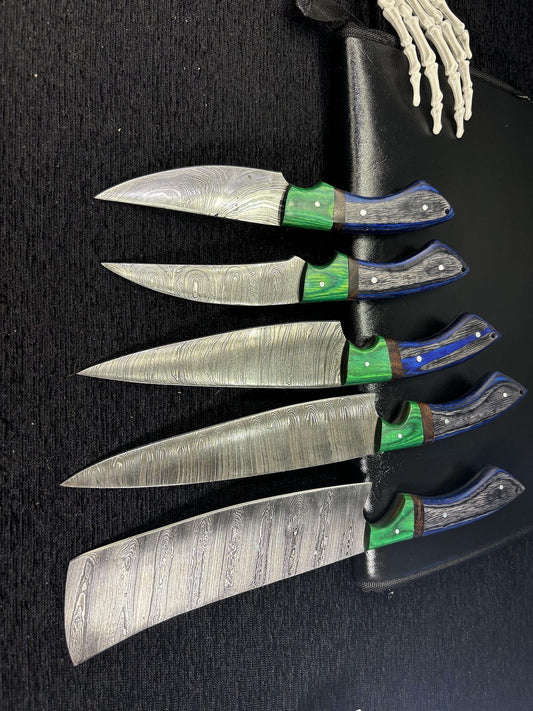 Handmade Hand Forged Twist Damascus Chef Knife Set – Lot of 5 Hardwood Handle Fishing & Kitchen Knives