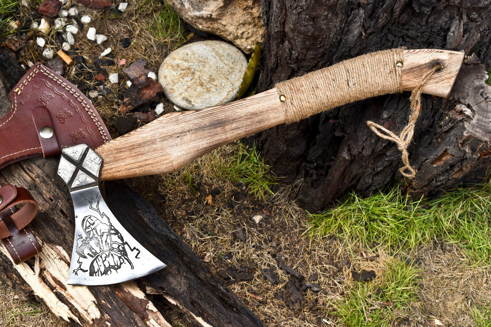 Handmade High Carbon Steel Etched Viking Axe – Hatchet with Leather Sheath