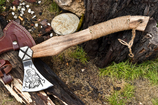 Handmade High Carbon Steel Etched Viking Axe – Hatchet with Leather Sheath