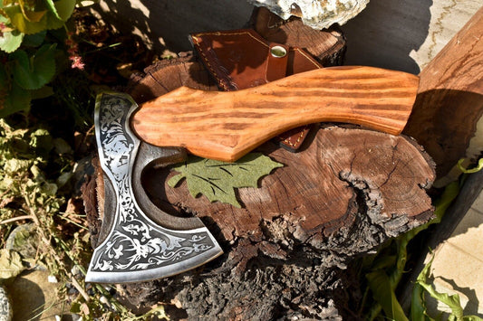 Handmade High Carbon Steel Etched Vikings Hatchet Axe – Olive Wood Handle
