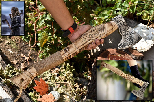 Handmade High Carbon Steel Viking Axe | Etched Blade with Walnut Wood Handle