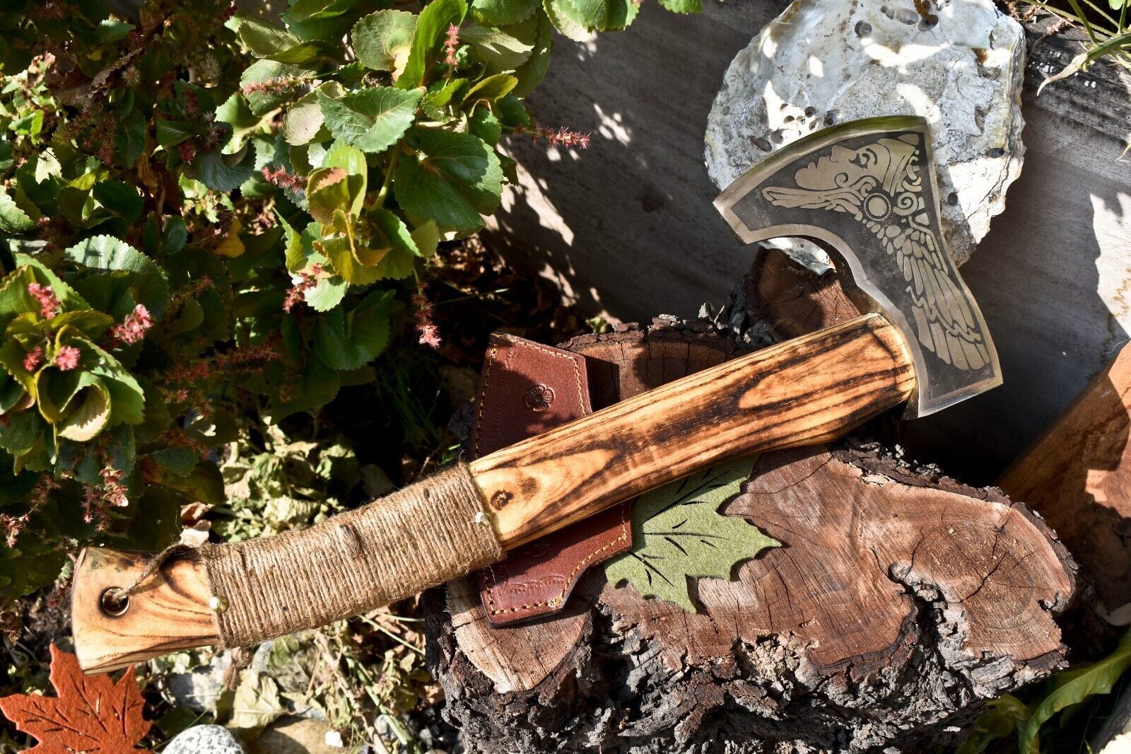 Handmade High Carbon Steel Viking Battle Axe with Etched Blade & Walnut Wood Handle