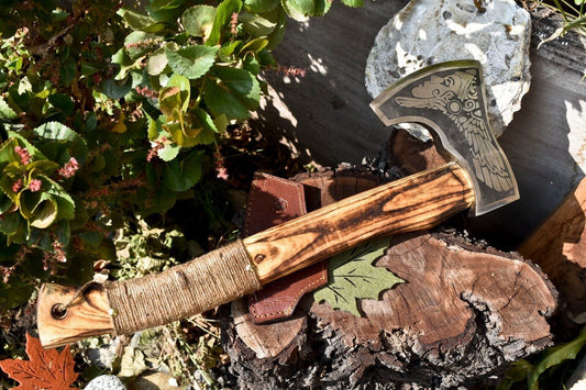 Handmade High Carbon Steel Viking Battle Axe with Etched Blade & Walnut Wood Handle