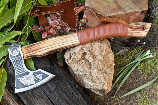 Handmade High Carbon Steel Viking Hatchet Axe | Etched Blade with Leather Wrap