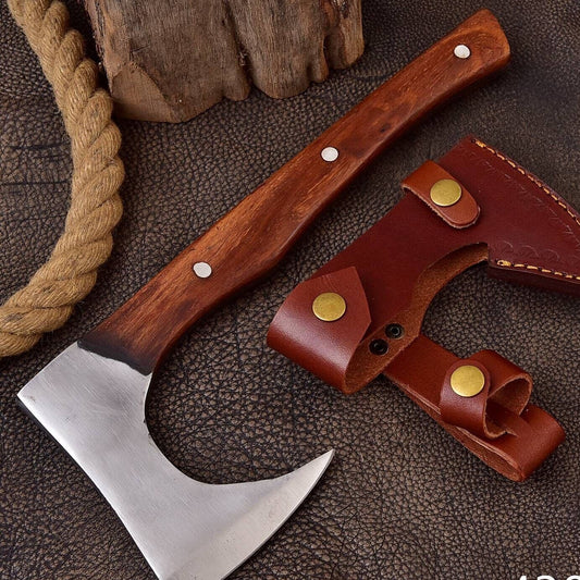 Handmade High Carbon Steel Viking Throwing Axe with Wood Handle and Leather Sheath
