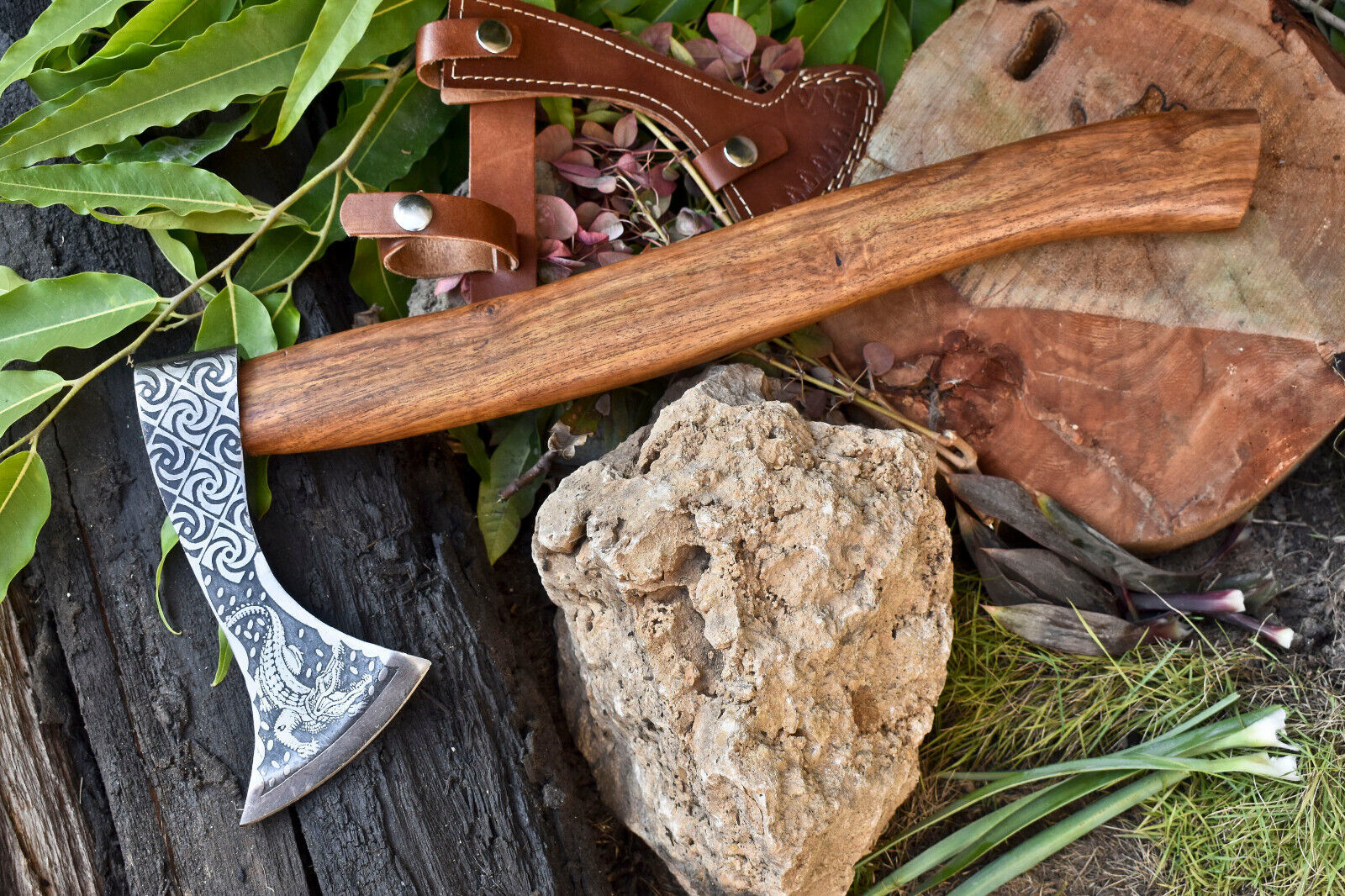 Handmade High Carbon Steel Vikings Axe – Etched Blade with Walnut Wood Handle & Leather Wrap