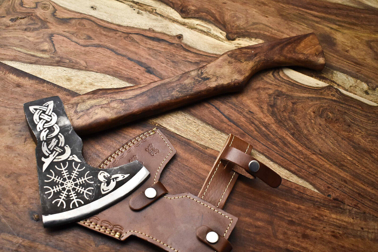 Handmade High Carbon Steel Vikings Hatchet – Etched Blade with Leather Sheath