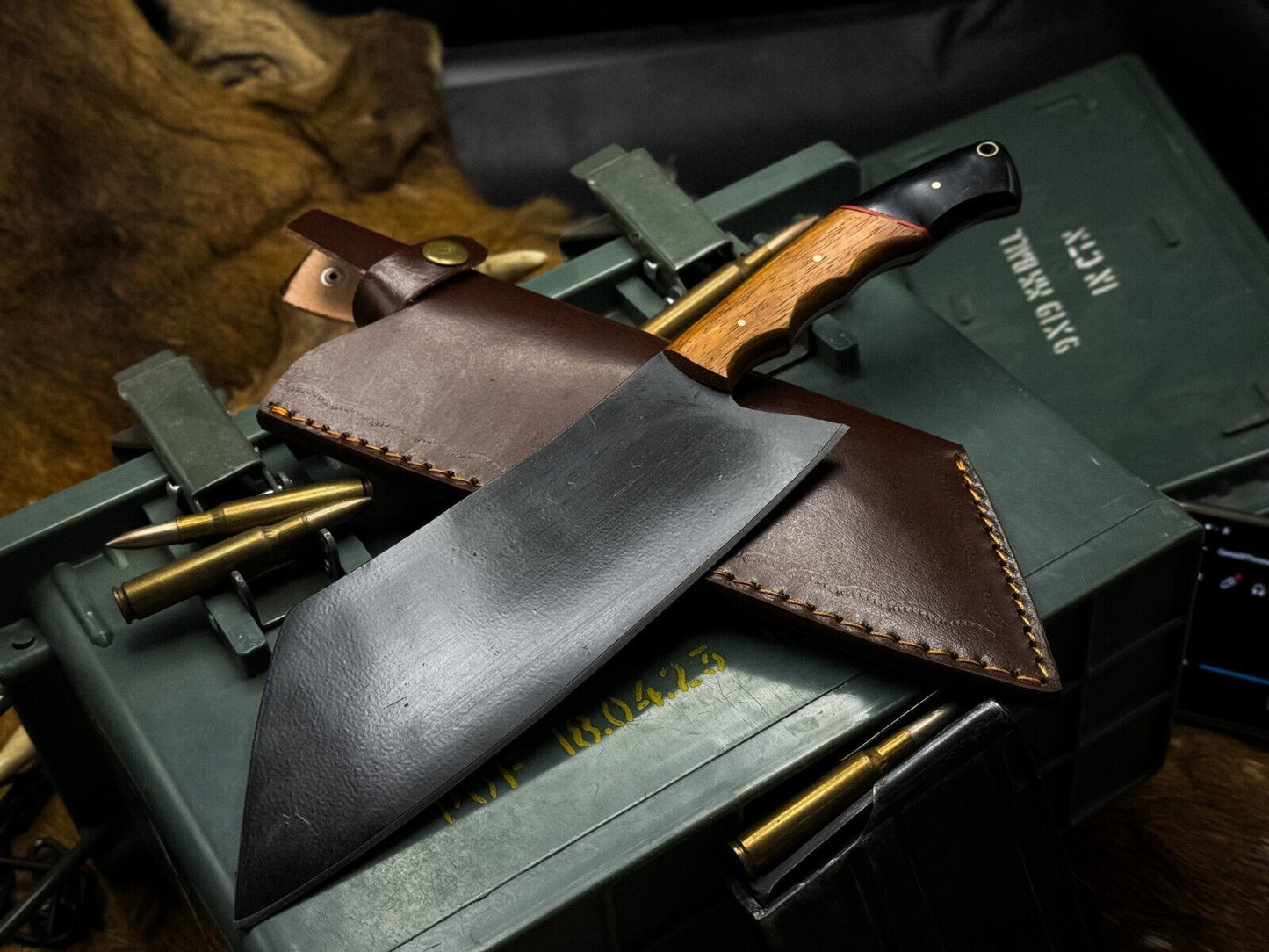 Handmade J2 Steel Cleaver Chef Knife – Powder Coated Blade, Horn Handle, Leather Sheath
