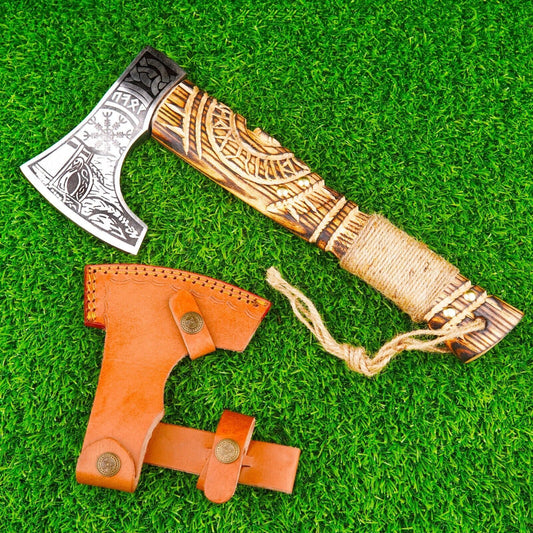 Handmade Ragnar Bearded Viking Axe Carbon Steel Battle Hatchet for Camping with Leather Sheath