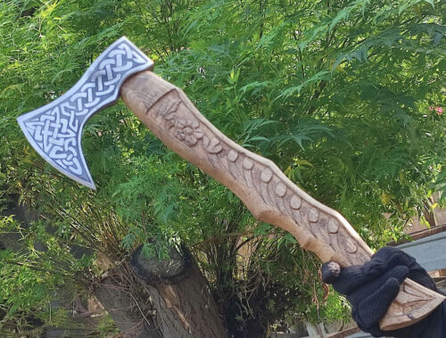 Handmade Rare Art Viking Throwing Axe 19 Inch with Carved Ashwood Handle