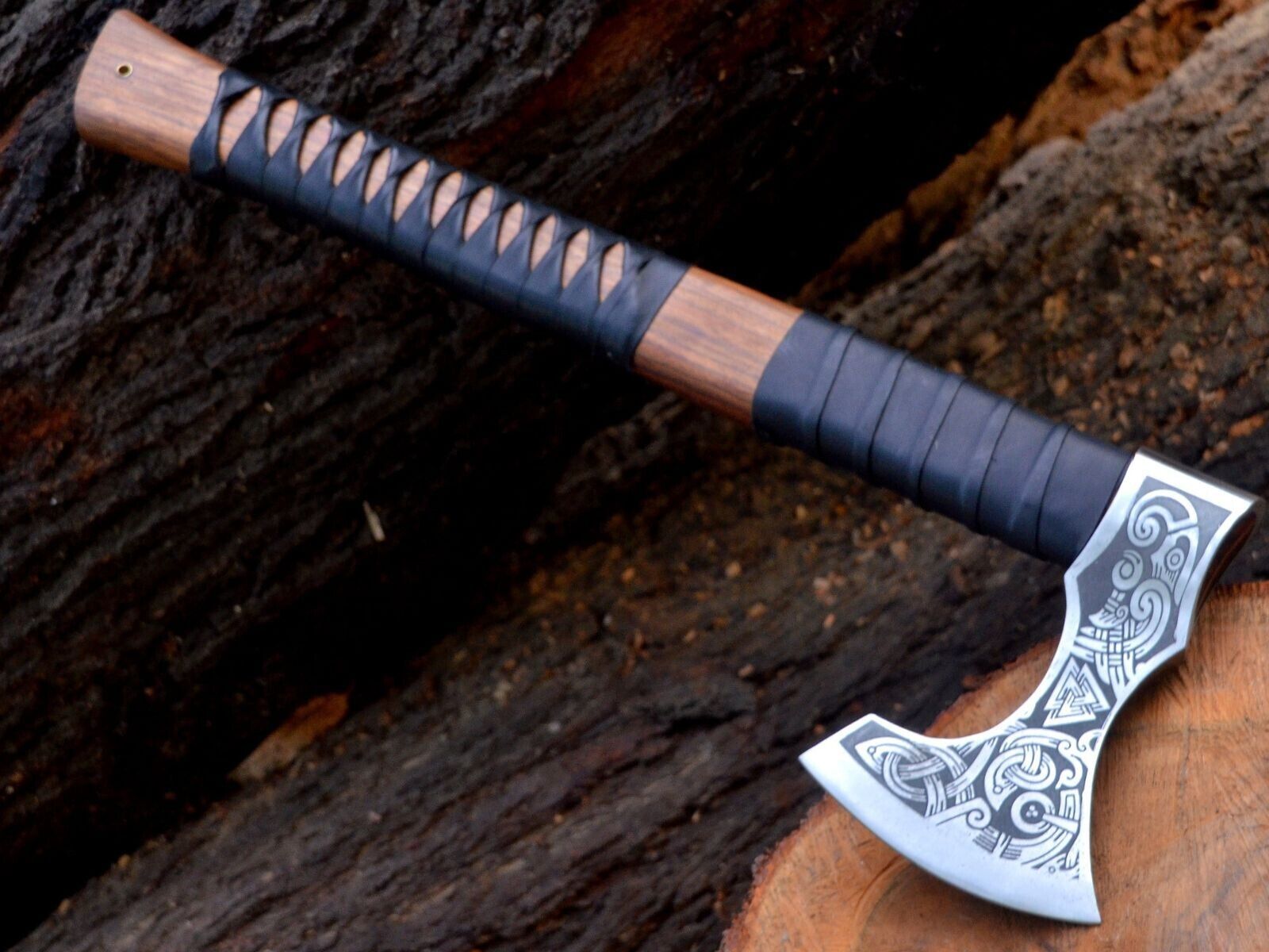 Handmade Replica Viking Axe Bearded Carbon Steel Tomahawk with Solid Wood Handle and Leather Sheath