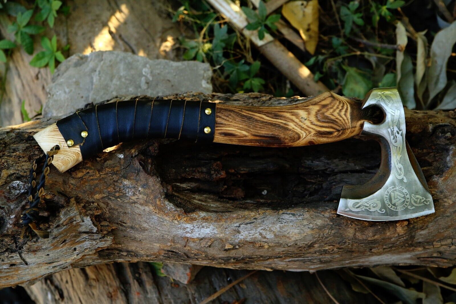 Handmade Replica Viking Axe Forged High Carbon Steel Tomahawk Hatchet with Leather Wrapped Handle and Case