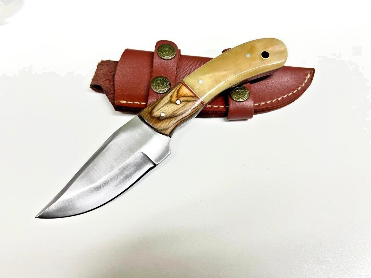 Handmade Skinner Knife – 4″ J2 Stainless Steel Blade, Bone Handle, Leather Cover