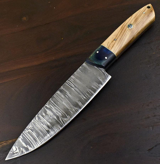 Handmade Tanto Damascus Steel Olive Wood Outdoor Hunting Chef Knive