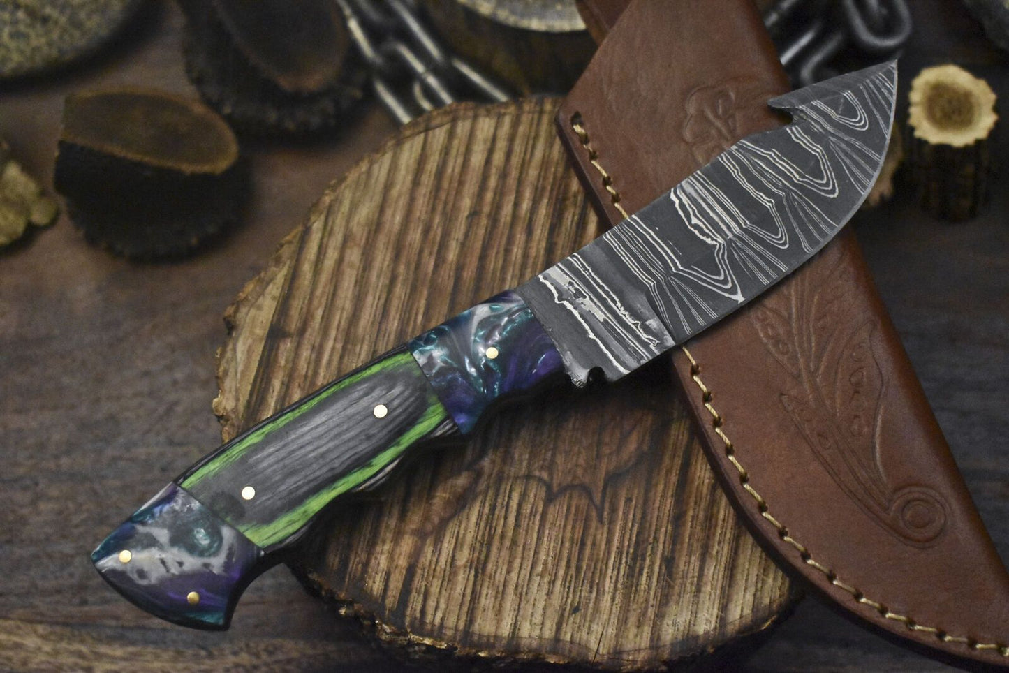 Handmade Twist Damascus Skinner Knife with Gut Hook and Hard Wood Handle