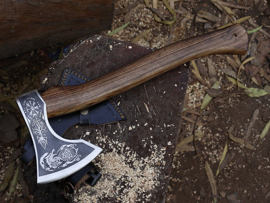 Handmade Viking Axe 18 Inch Carbon Steel Blade with Ash Wood Handle and Leather Sheath