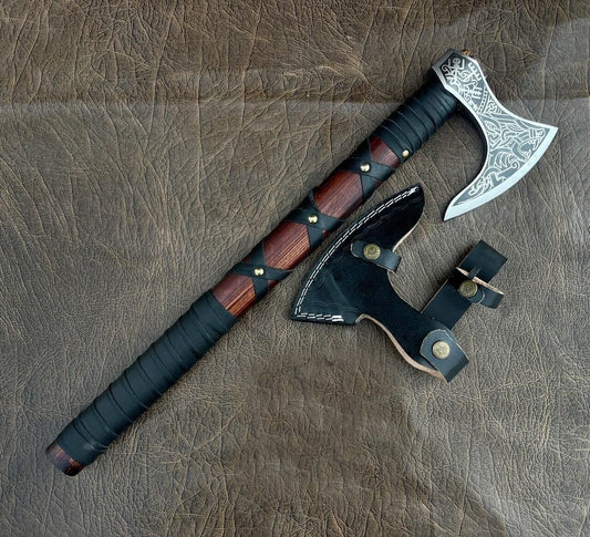Custom Handmade Viking Axe Carbon Steel Bushcraft Forest Hatchet with Wooden Handle and Leather Sheath