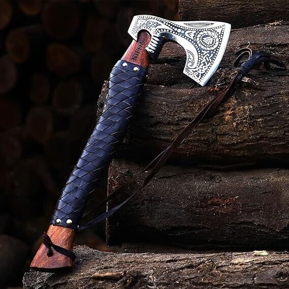 Handmade Viking Axe Hatchet – 20" Russian Valknut Throwing Axe with Rosewood Handle & Leather Sheath
