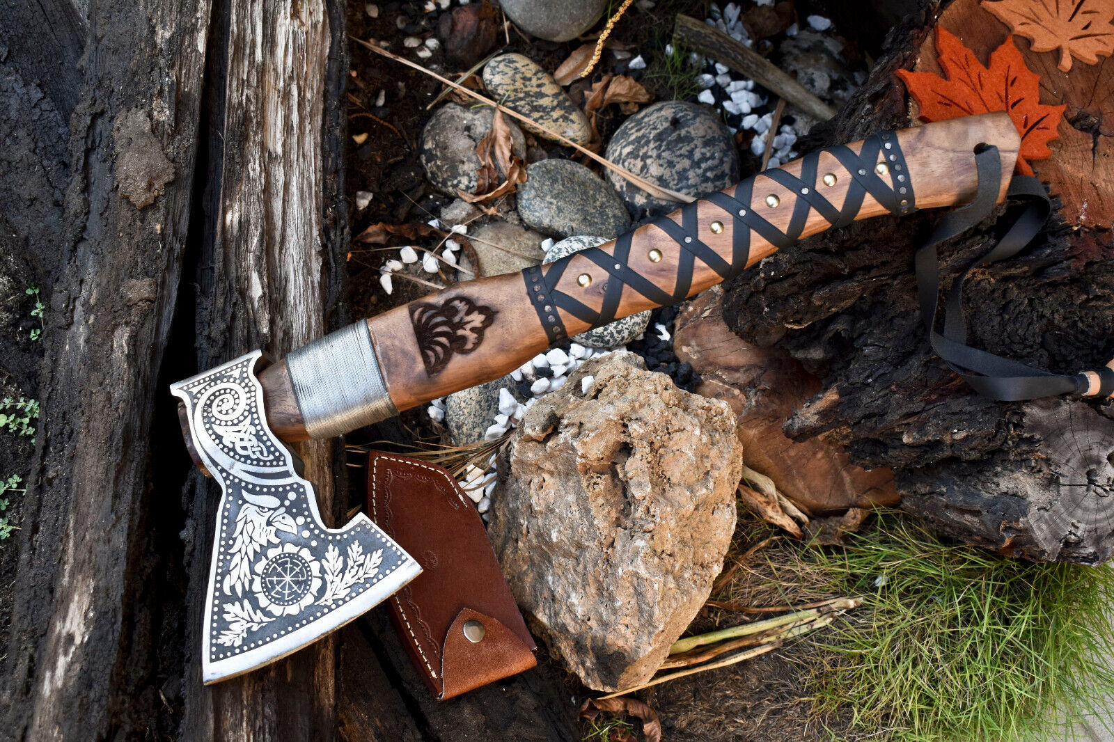 Handmade Viking Axe | High Carbon Steel Etched Blade with Walnut Wood Handle