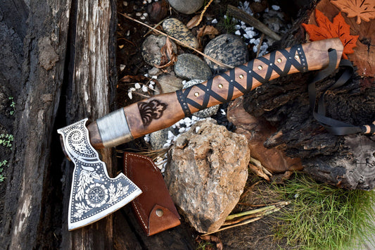 Handmade Viking Axe | High Carbon Steel Etched Blade with Walnut Wood Handle