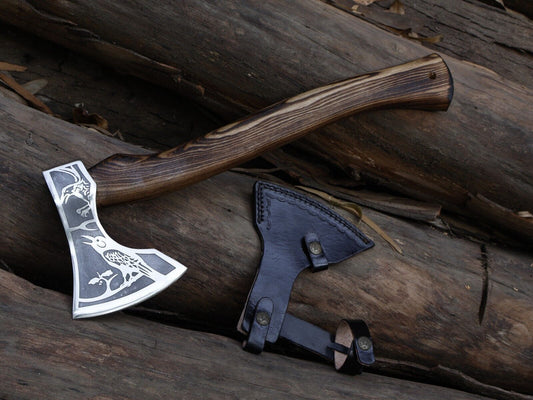 Handmade Viking Axe with Ash Wood Handle and Carbon Steel Blade Tomahawk with Leather Sheath
