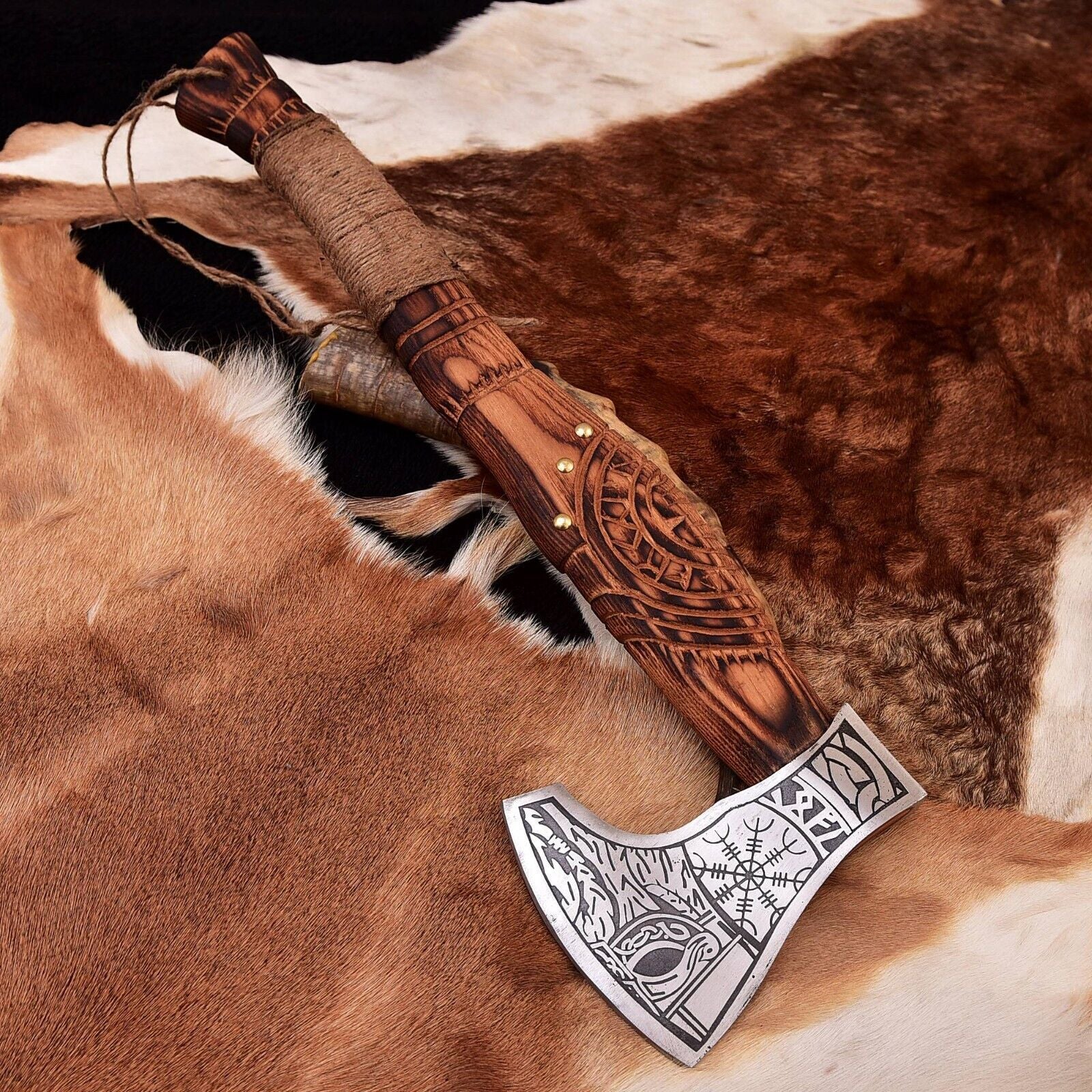 Handmade Viking Axe with Hand-Forged Carbon Steel Blade and Wood Handle with Etching