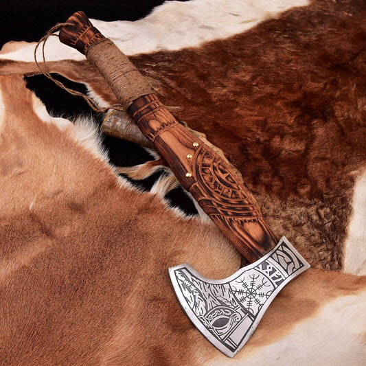 Handmade Viking Axe with Hand-Forged Carbon Steel Blade and Wood Handle with Etching