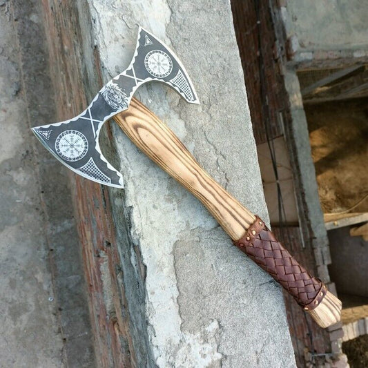 Handmade Viking Double-Edged Axe – Bearded Hand Forged Axe with Leather Wrap