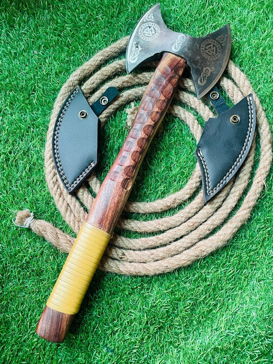 Handmade Viking Double Headed Tomahawk Axe with Carbon Steel Blade and Wooden Handle