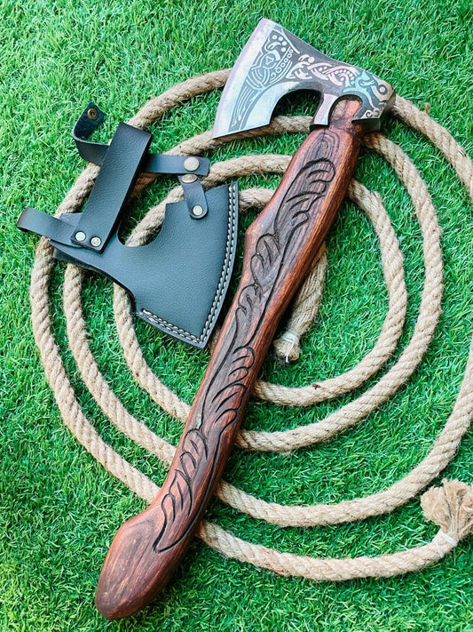 Handmade Viking Integral Tomahawk Axe with Carbon Steel Blade and Wooden Handle