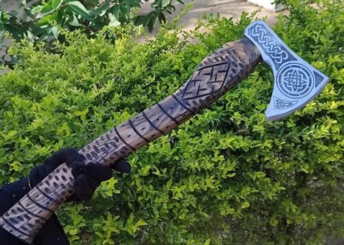 Handmade Viking Throwing Axe 18 Inch with Ashwood Carved Handle