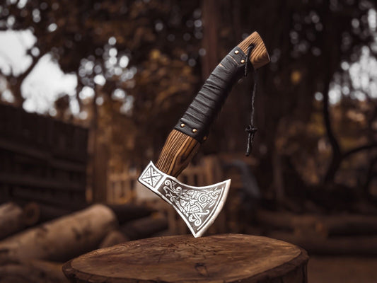 Handmade Viking Valhalla Axe – Forged Carbon Steel with Wooden Handle and Cow Leather Sheath