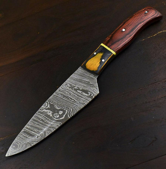 Handmade Wild Life Damascus Steel Sports Tanto Hunting & Chef Knife with Hard Wood Handle, 6-Inch Blade, 11-Inch Overall, Wooden Bolster, Full Tang, Oil-Tempered 58-60 HRC