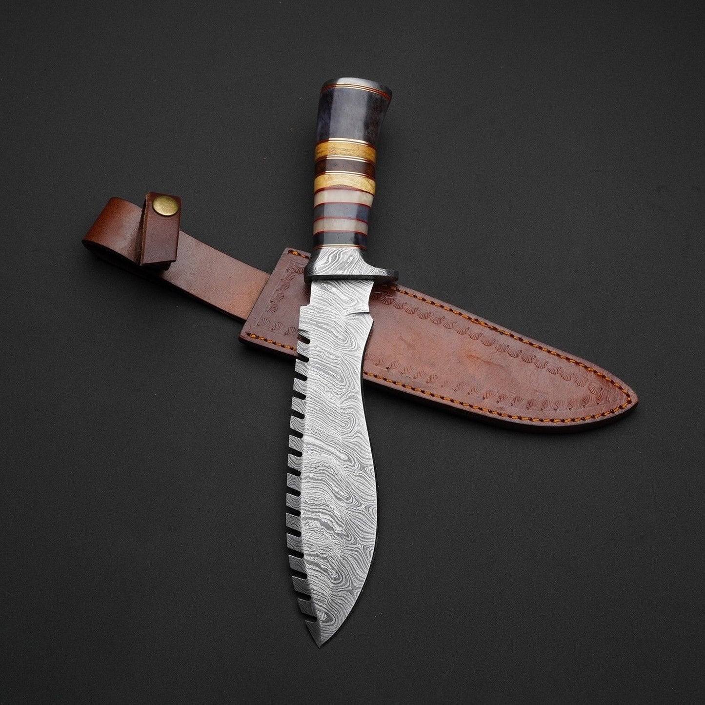 Heritage Forge Handmade Damascus Steel Bowie Knife Full Tang with Walnut Wood Handle and Leather Sheath