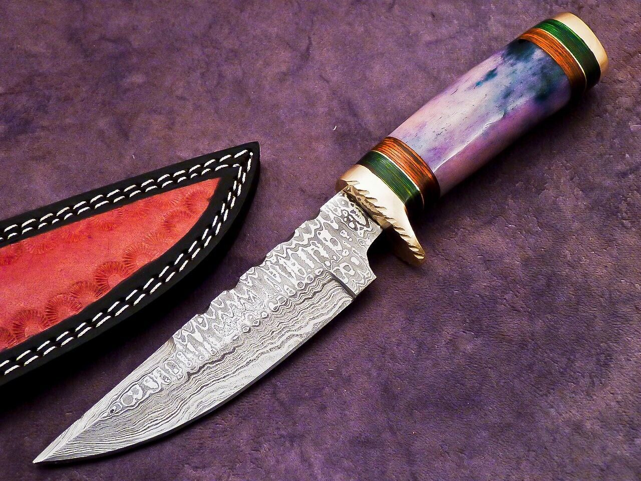 Heritage Forge 10 Inch Damascus Steel Camping Hunting Knife with Camel Bone and Hardwood Handle
