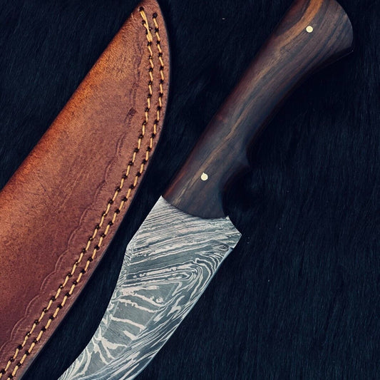 Heritage Forge 10 Inch Twist Damascus Steel Skinning Knife with Wood Handle