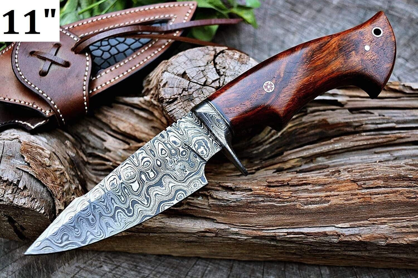 Heritage Forge 11 Inch Handmade Damascus Steel Bowie Hunting Knife with Wooden Handle and Leather Sheath