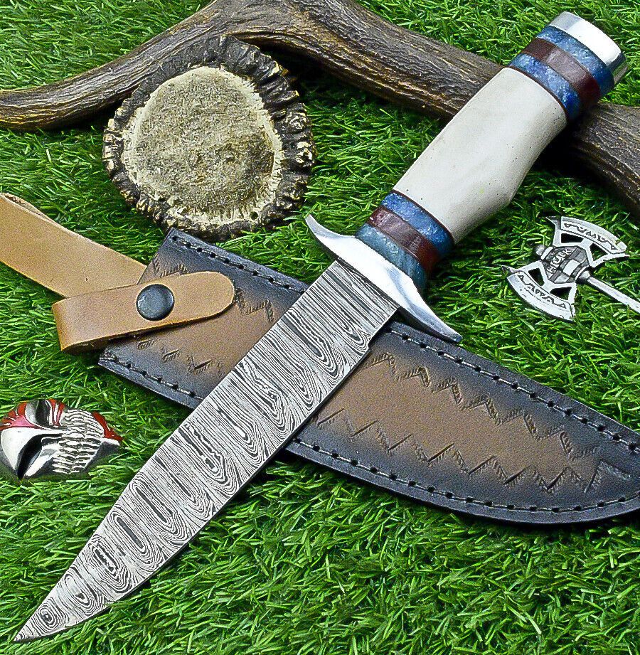 Heritage Forge 12.5 Inch Damascus Steel Bowie Knife with Bone Handle | Hand Forged Hunting Camping Knife