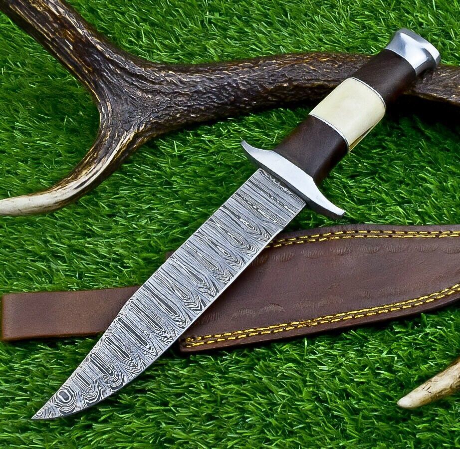 Heritage Forge 12 Inch Camel Bone and Wood Damascus Bowie Knife for Hunting and Camping