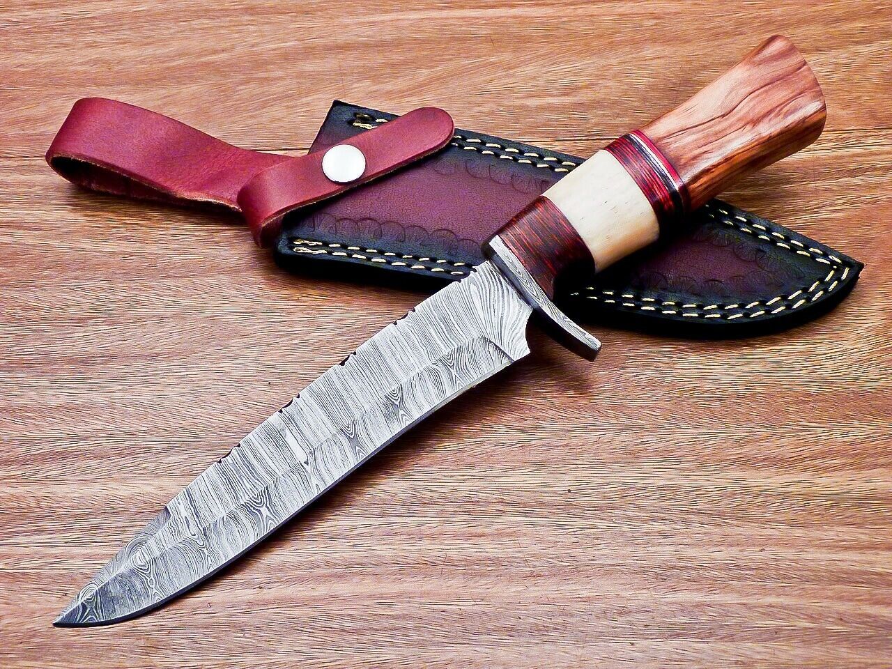 Heritage Forge 12 Inch Damascus Steel Bowie Knife with Olive Wood and Camel Bone Handle