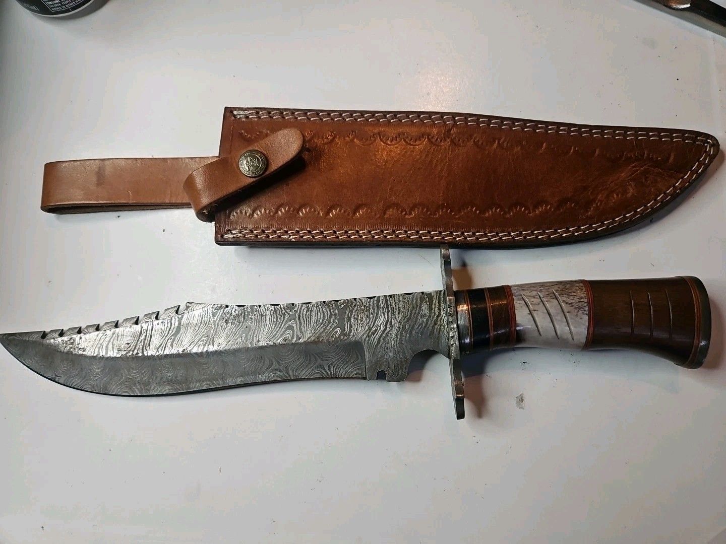 Heritage Forge 12 Inch Damascus Steel Bowie Knife with Wood and Bone Handle and Sheath for Hunting and Camping