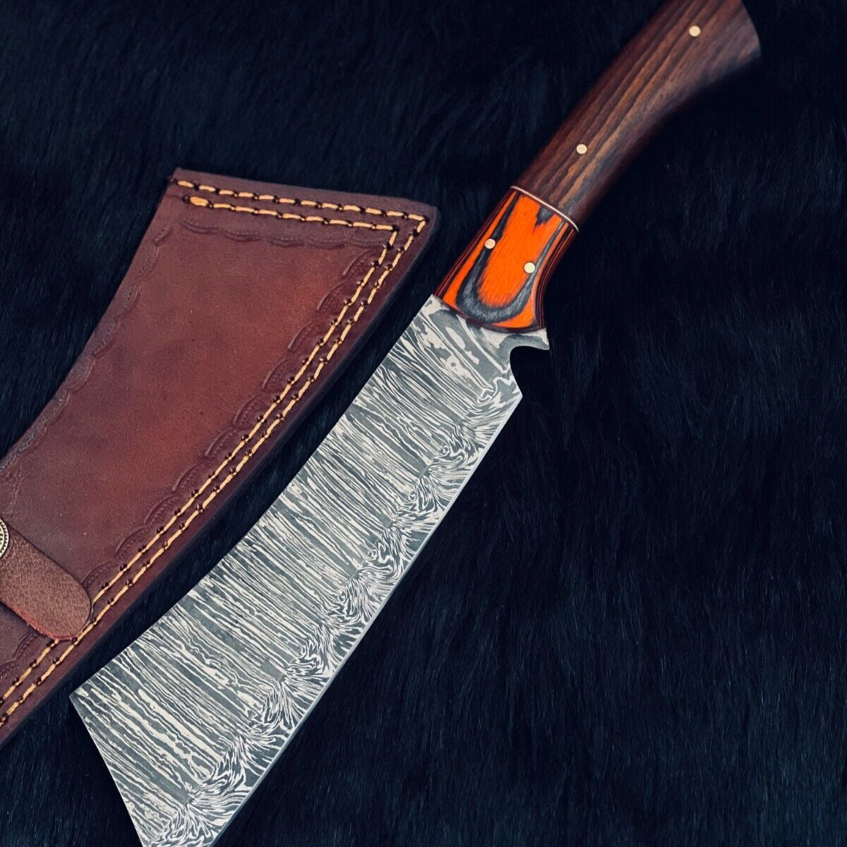 Heritage Forge 12 Inch Twist Damascus Steel Hunting Knife with Camel Bone and Wood Handle