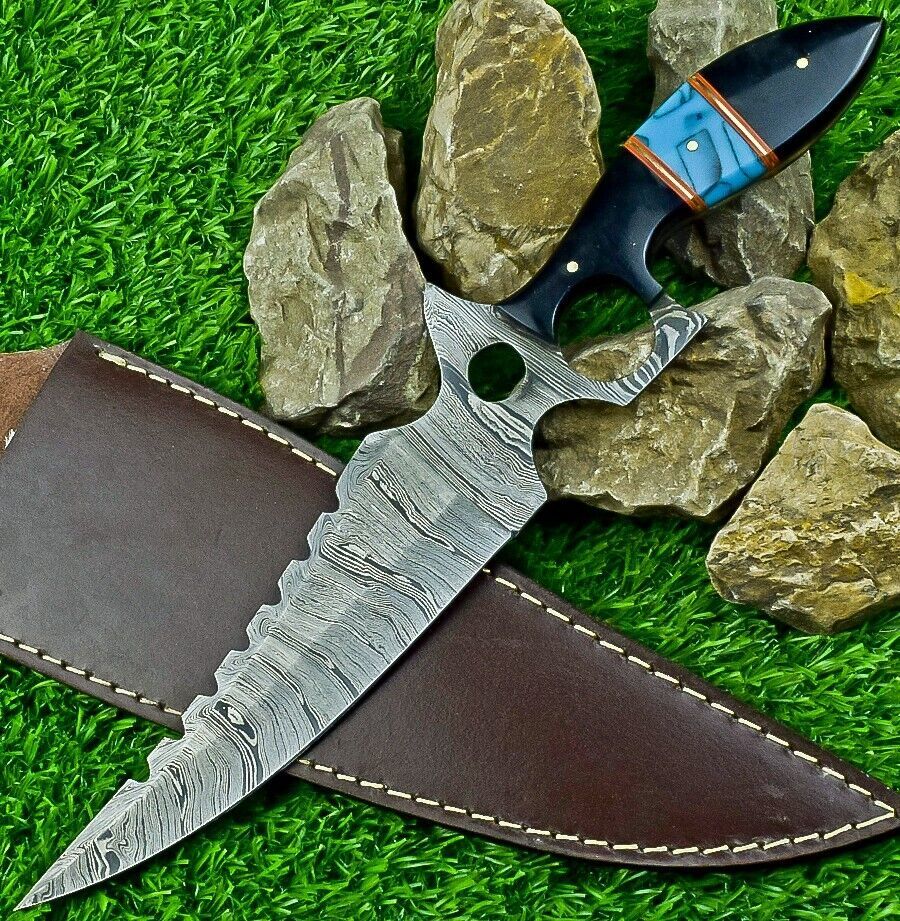Heritage Forge 13 Inch Damascus Steel Bowie Knife with Bull Horn Resin Handle and Leather Sheath