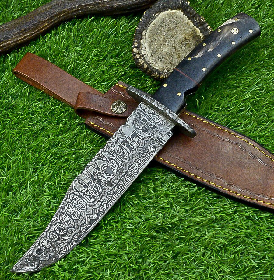 Heritage Forge 13 Inch Damascus Steel Bowie Knife with Genuine Bull Horn Handle & Leather Sheath