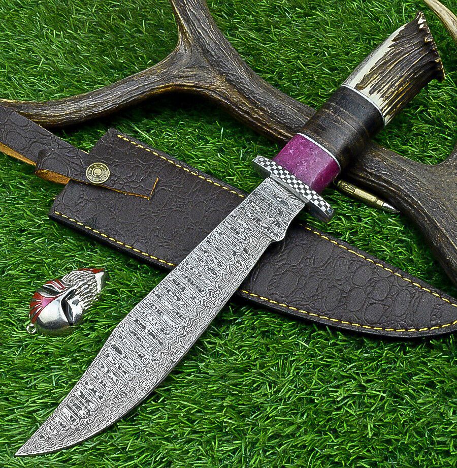 Heritage Forge 14" Damascus Steel Bowie Knife with Stag Horn and Resin Handle