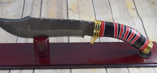 Heritage Forge 14 Inch Damascus Bowie Knife with Buffalo Horn and Wood Handle + Display Stand