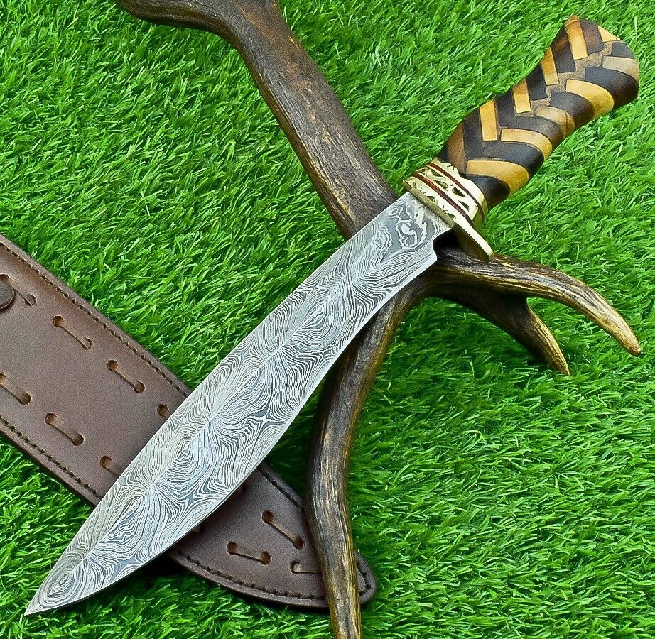 Heritage Forge 14 Inch Damascus Steel Bowie Knife with Natural Wood Handle | Hand Forged Hunting Camping Knife