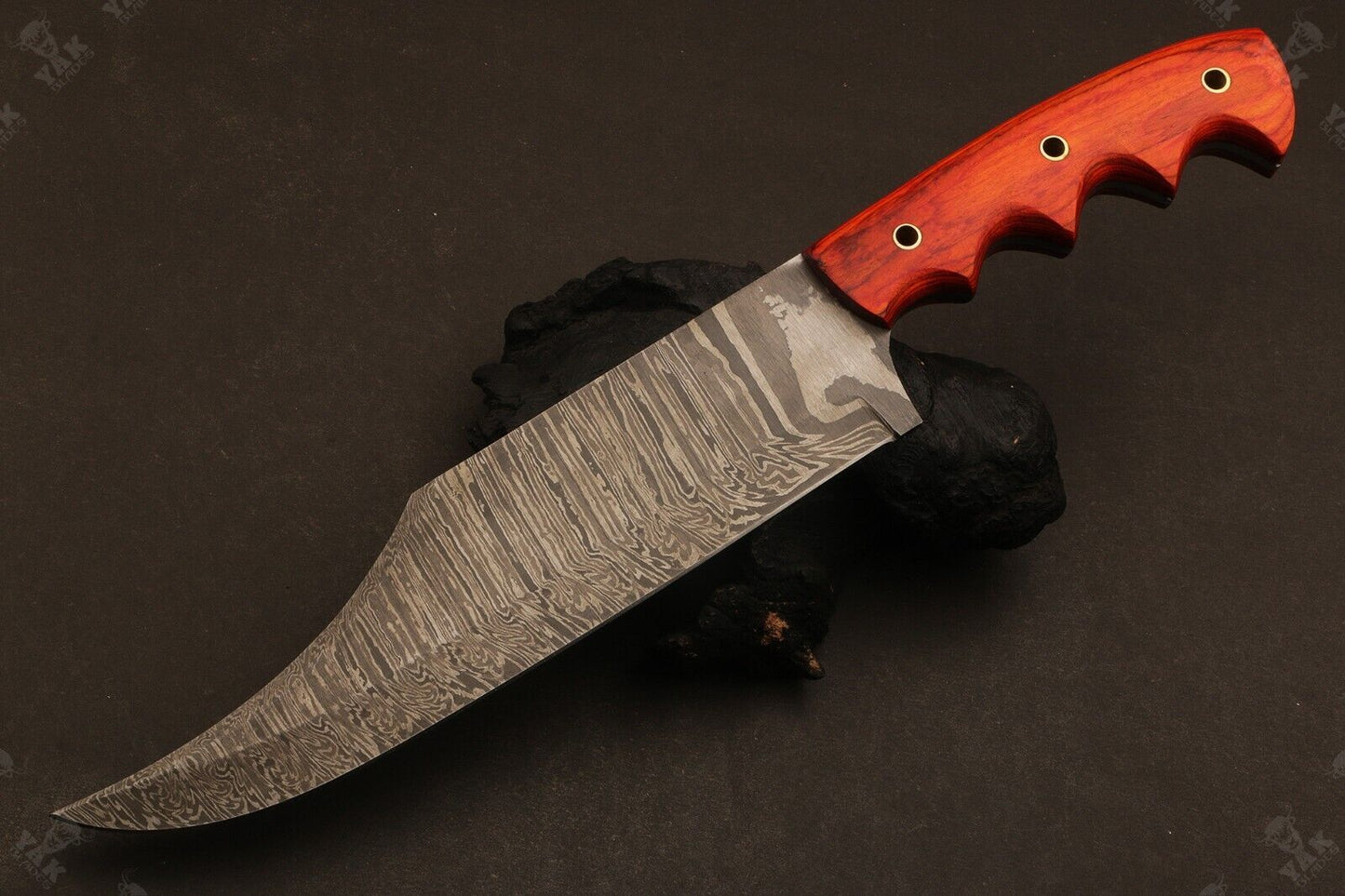 Heritage Forge 14 Inch Damascus Steel Bowie Knife with Stained Camel Bone and Wood Handle for Hunting and Camping