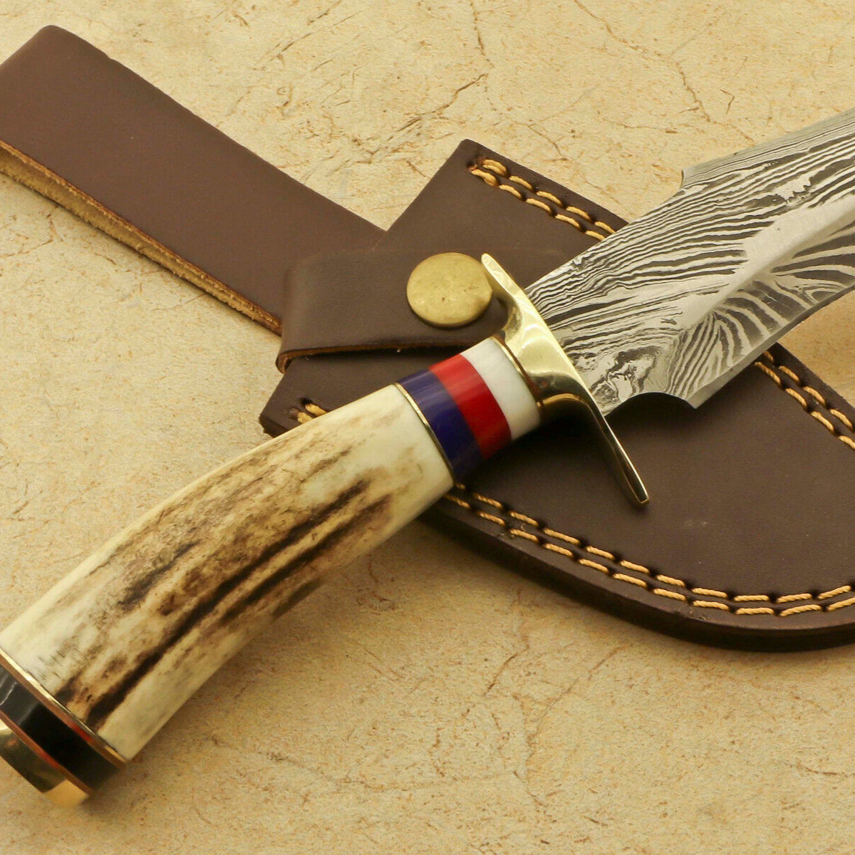 Heritage Forge 8.25 Inch Damascus Steel Hunting Knife with Stag Antler Handle